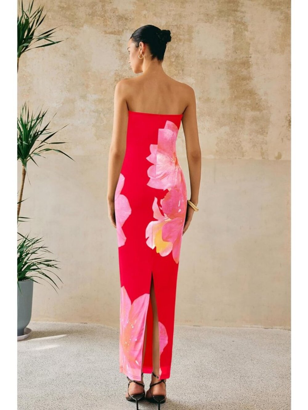 Women's Sexy Black/Pink Floral Strapless Tube Long Bodycon Maxi Club Party Dress - Picture 6 of 6
